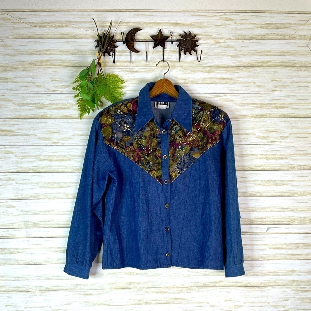 Vintage Denim Tapestry Patchwork Button Shirt - image 1